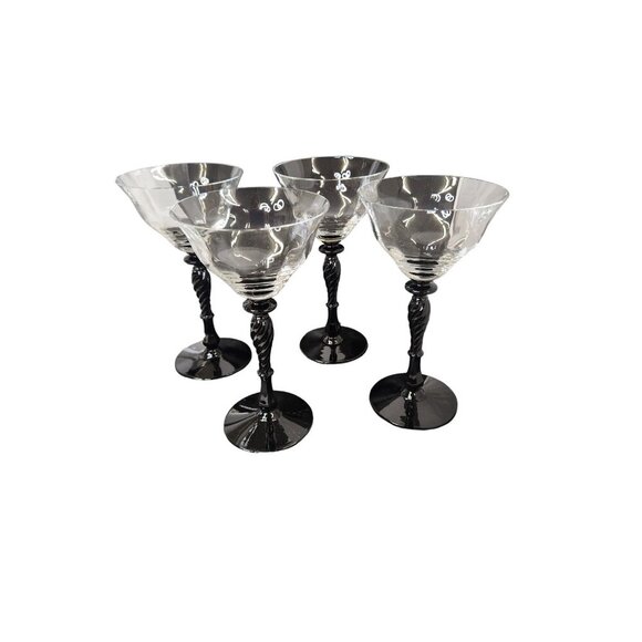 Luminarc Black Twisted Stem Cocktail Glasses Set of 4 Vintage 6 oz Clear Bowl El - Picture 3 of 6
